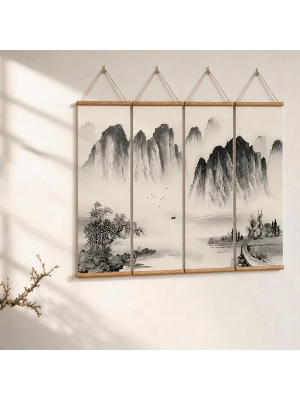 Chinese Ancient Landscape Scroll Wall Art Set - 4-Piece Wooden Decor for Home